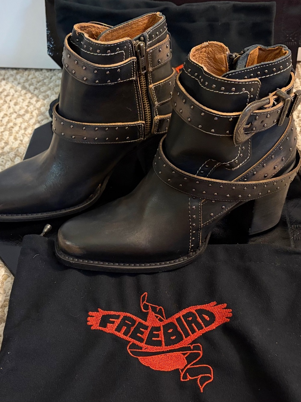 freebird Black Studded Leather Ankle Boots